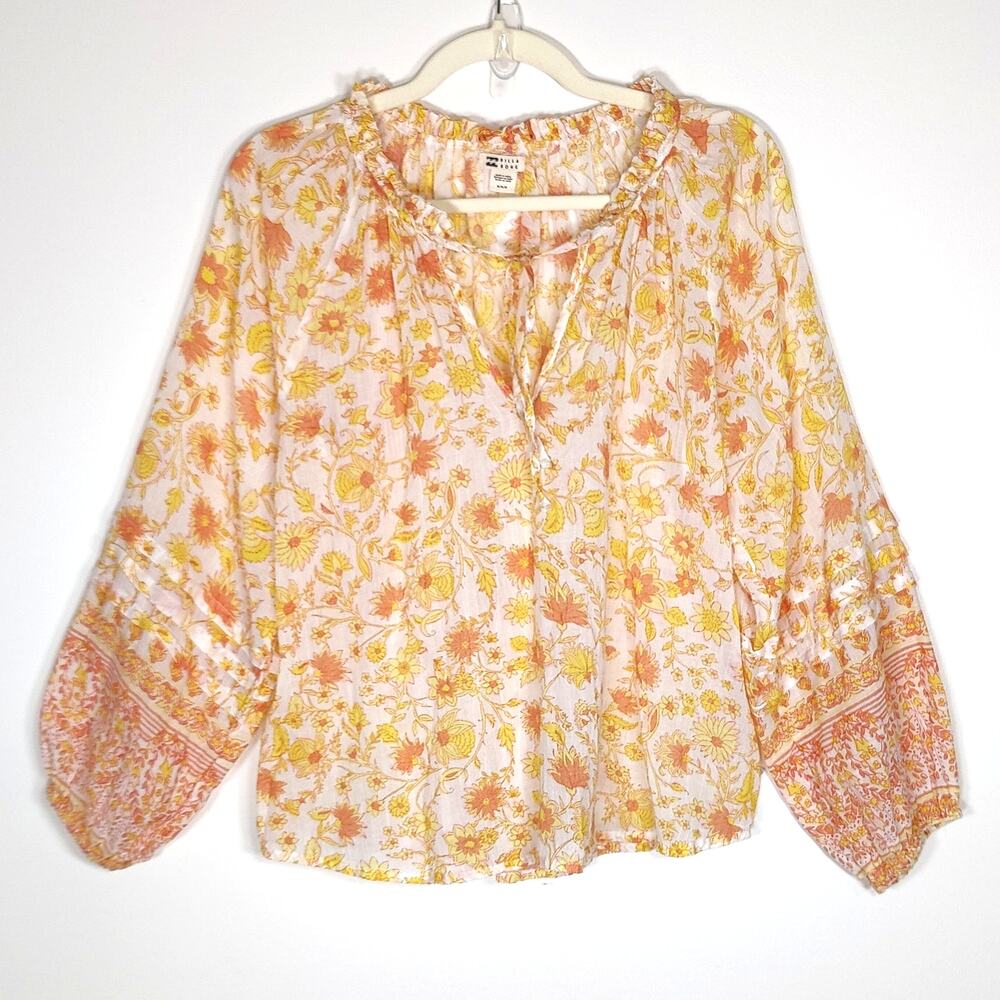 Billabong Peasant Blouse Floral Ruffle Neck Cotton Linen Yellow‎ M